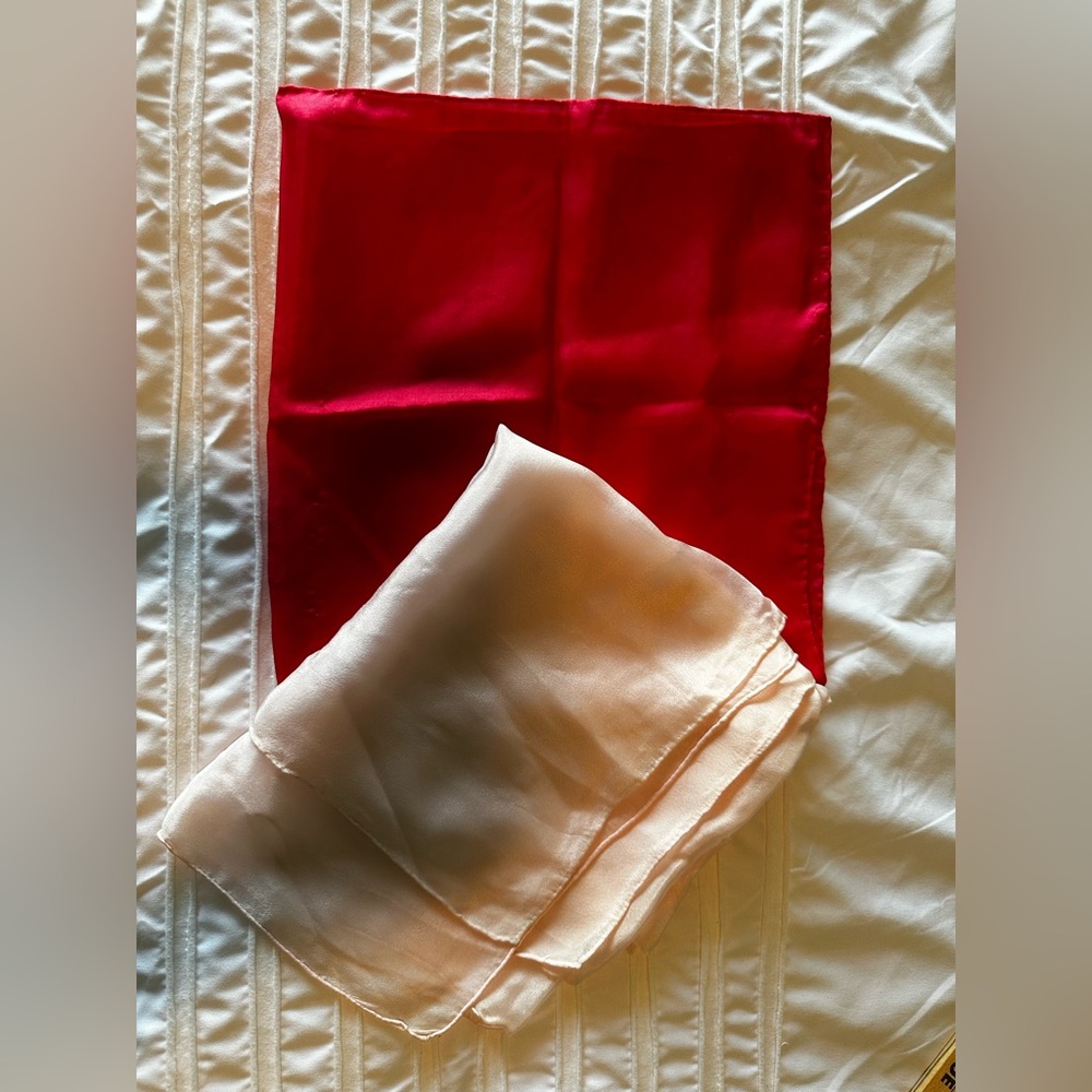 🍀2 silk scarves. No tags. One red & one pale pink. Both have flaws. See photos.
